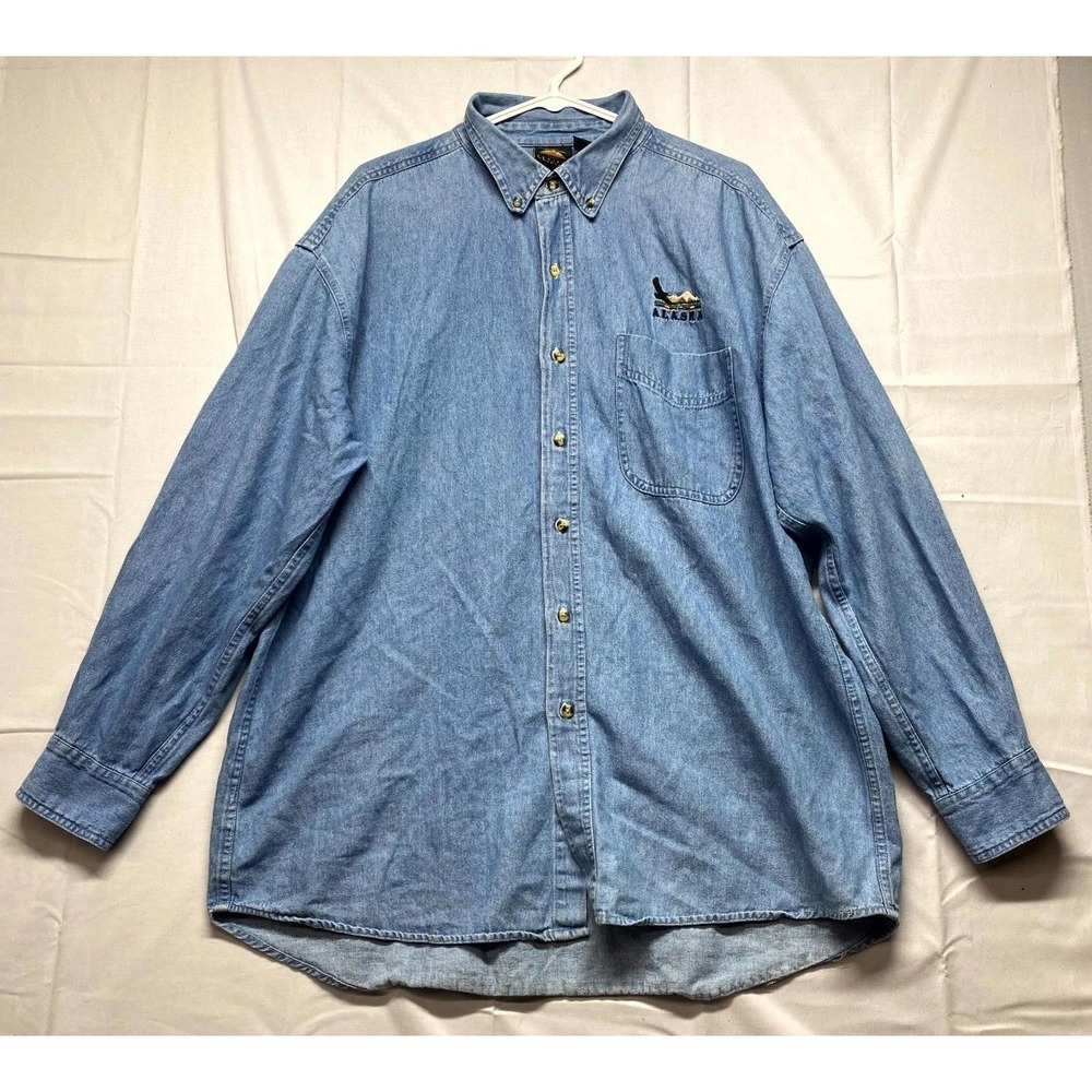 Prairie Mountain Alaska Denim Shirt Mens XL Blue Cotton Chest Pockets Outdoor